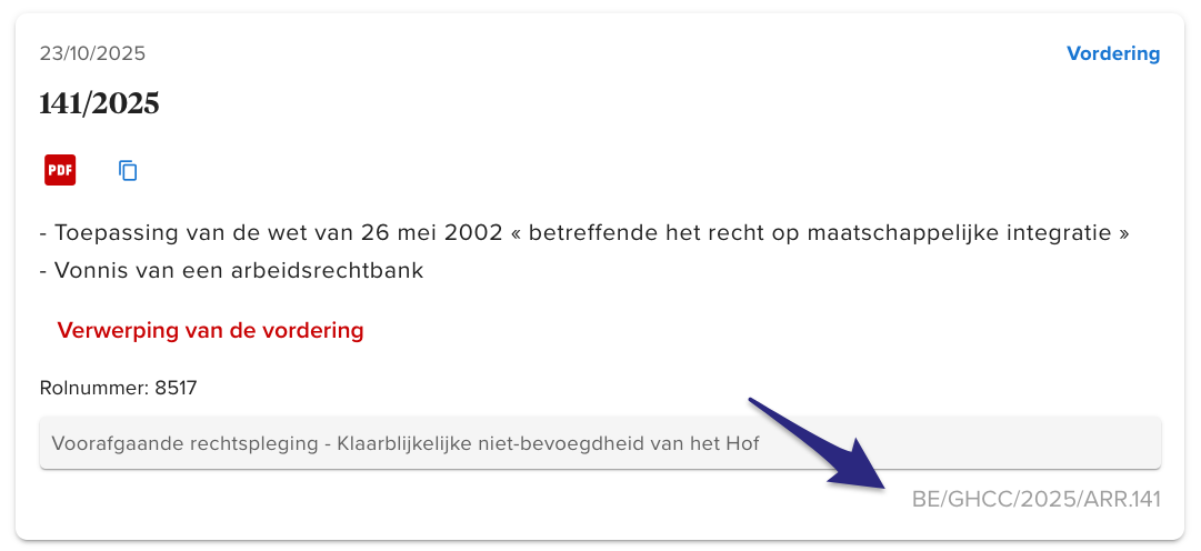 Screenshot van een ecli nummer bij een arrest